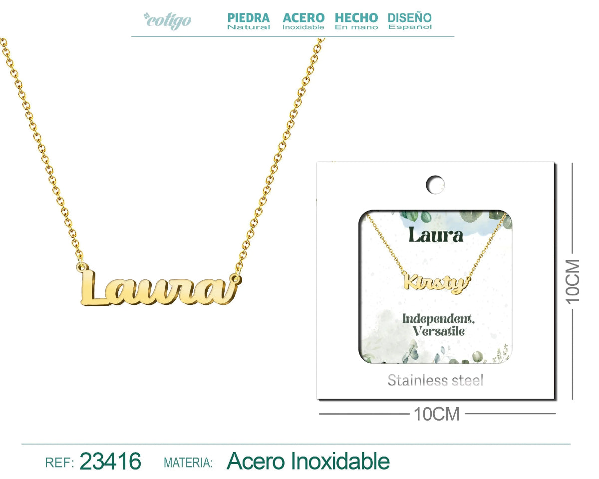 Collar dorado con nombre Laura escrito en cursiva diseño clásico sofisticado y acabado brillante