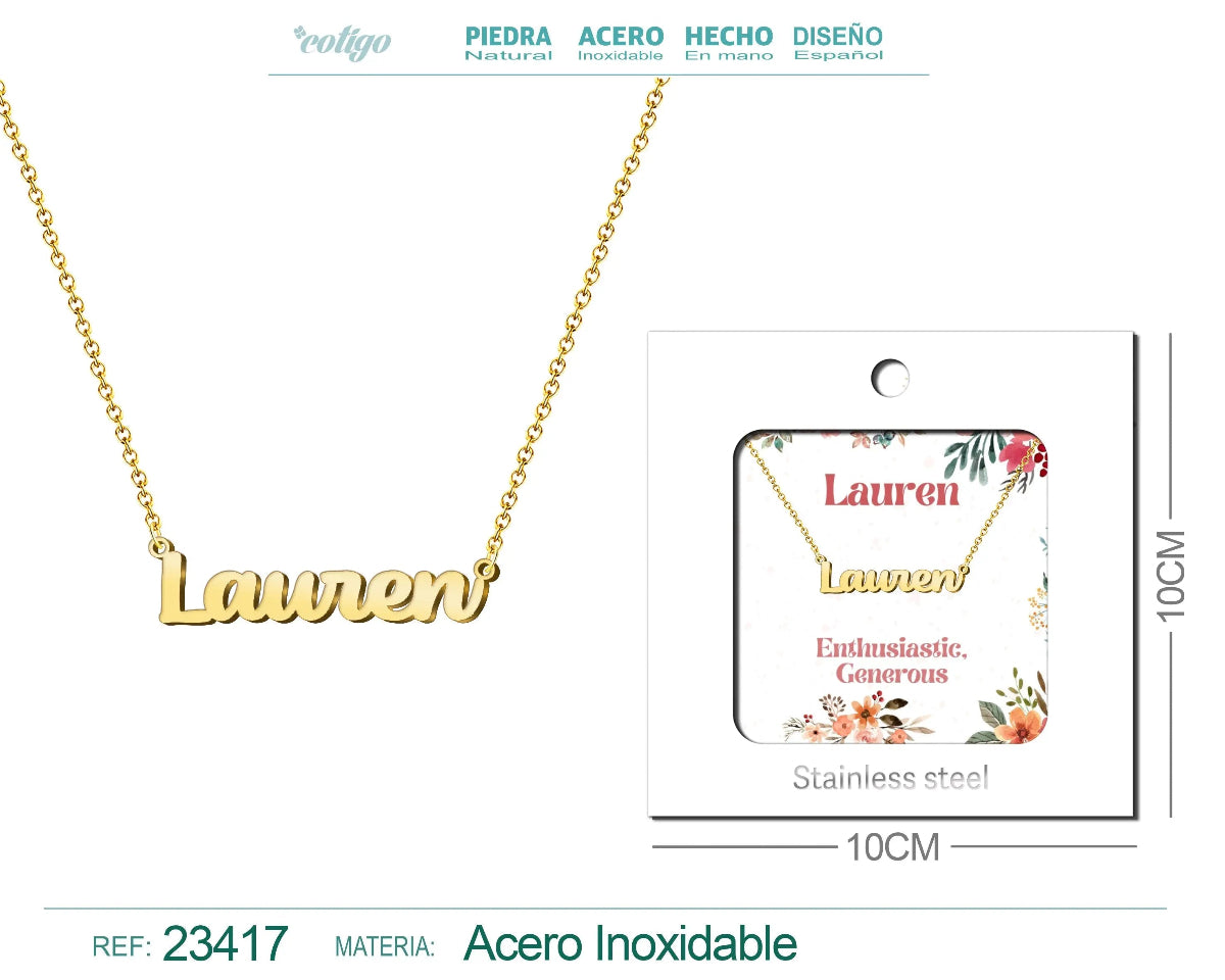 Collar dorado con nombre Lauren escrito en cursiva diseño elegante cosmopolita y acabado brillante
