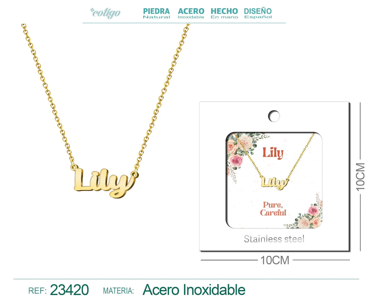 Collar dorado con nombre Lily escrito en cursiva diseño botánico elegante y acabado brillante