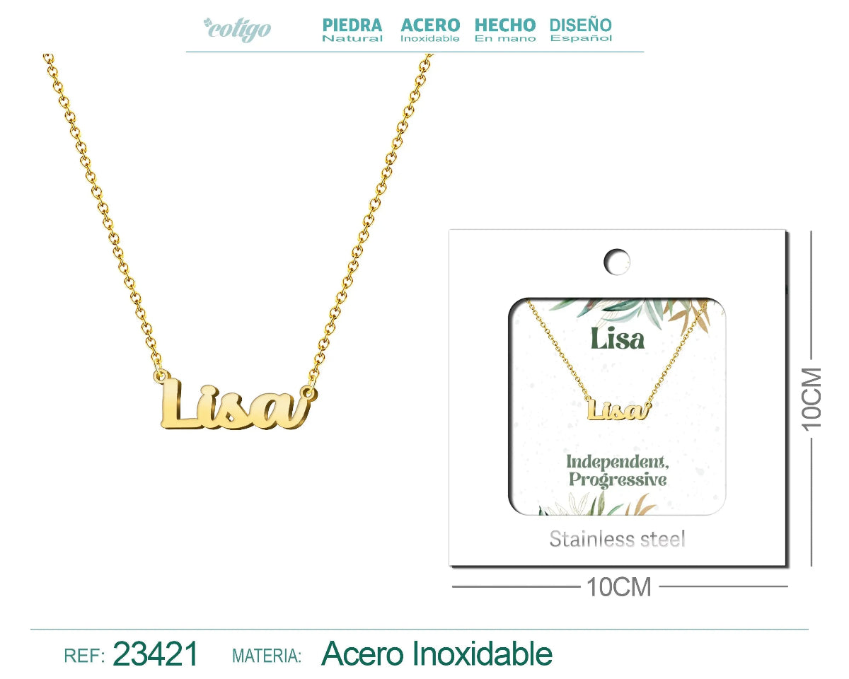 Collar dorado con nombre Lisa escrito en cursiva diseño clásico sofisticado y acabado brillante