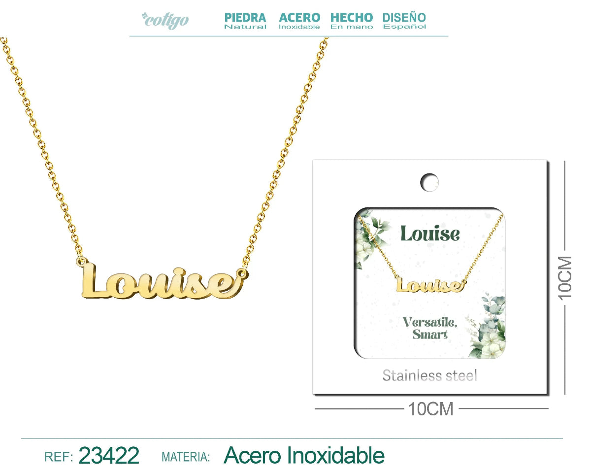 Collar dorado con nombre Louise escrito en cursiva diseño sofisticado internacional y acabado brillante