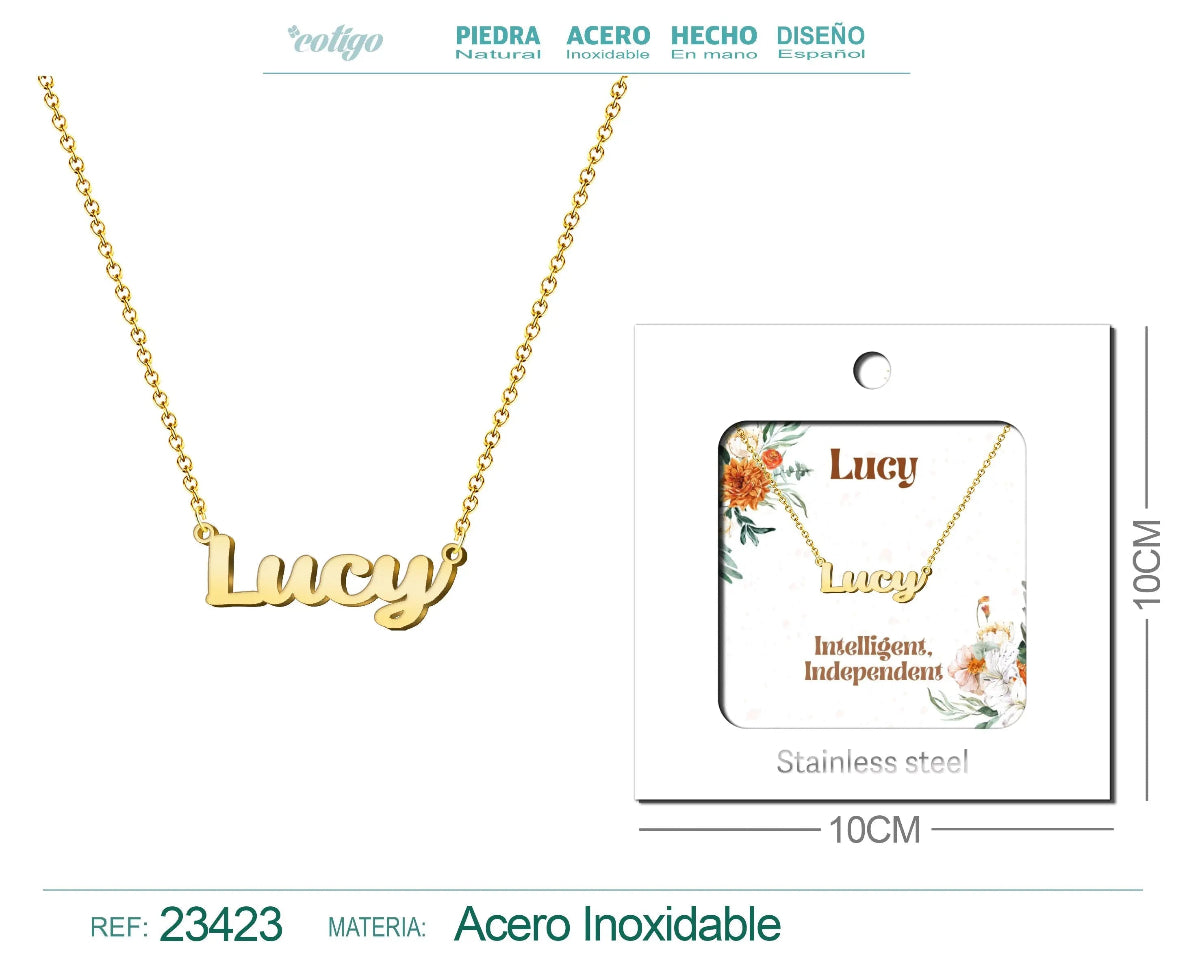 Collar dorado con nombre Lucy escrito en cursiva diseño elegante y minimalista con acabado brillante