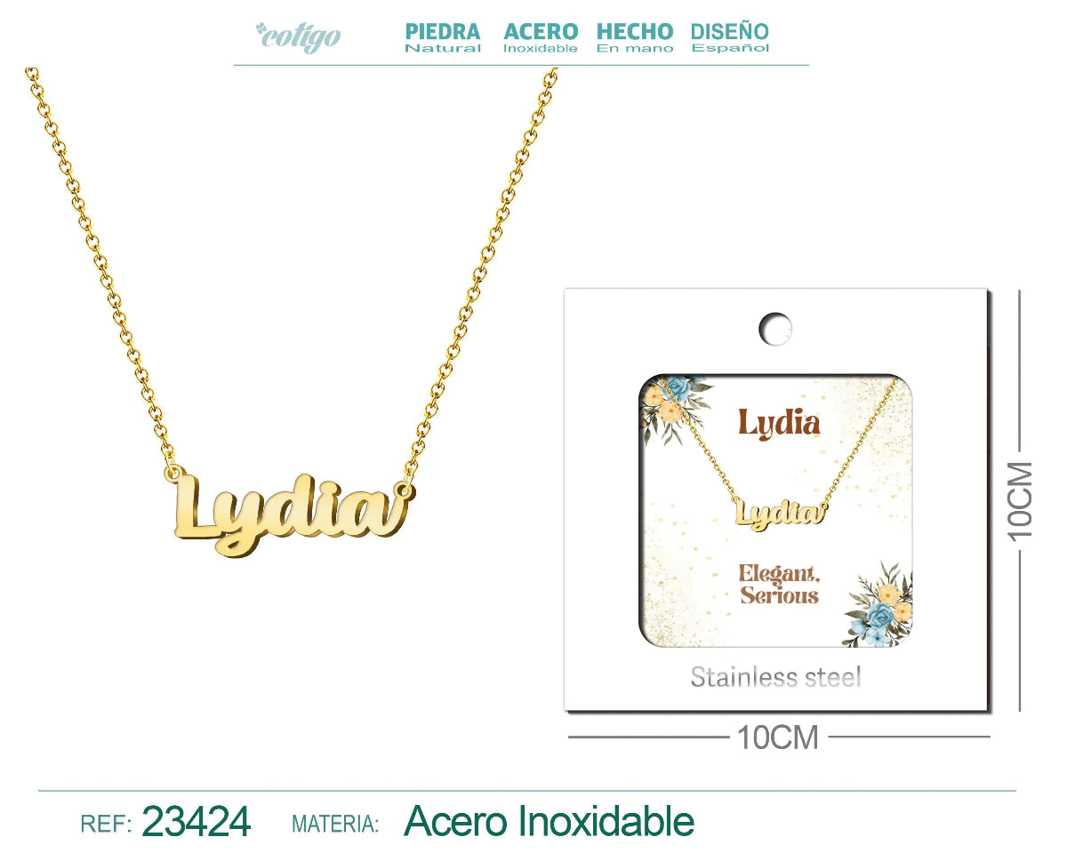 Collar dorado con nombre Lydia escrito en cursiva diseño clásico sofisticado y acabado brillante