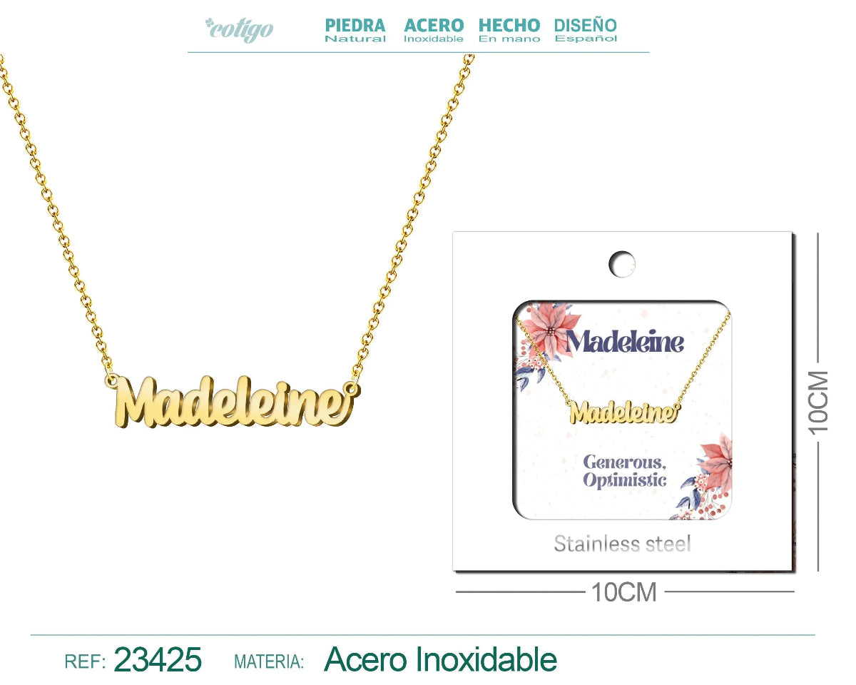 Collar dorado con nombre Madeleine escrito en cursiva diseño sofisticado de estilo francés y acabado brillante