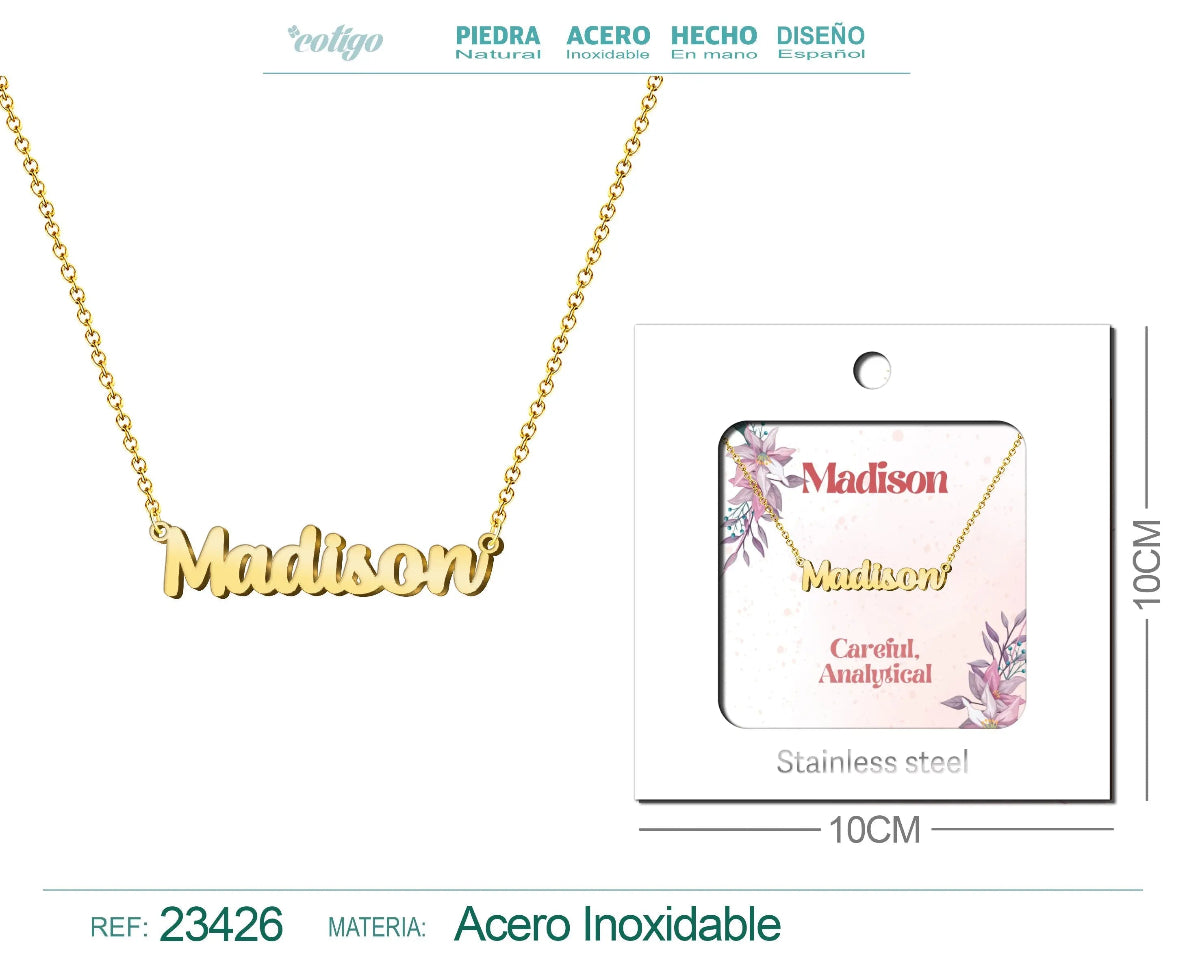 Collar dorado con nombre Madison escrito en cursiva diseño moderno de estilo neoyorquino y acabado brillante
