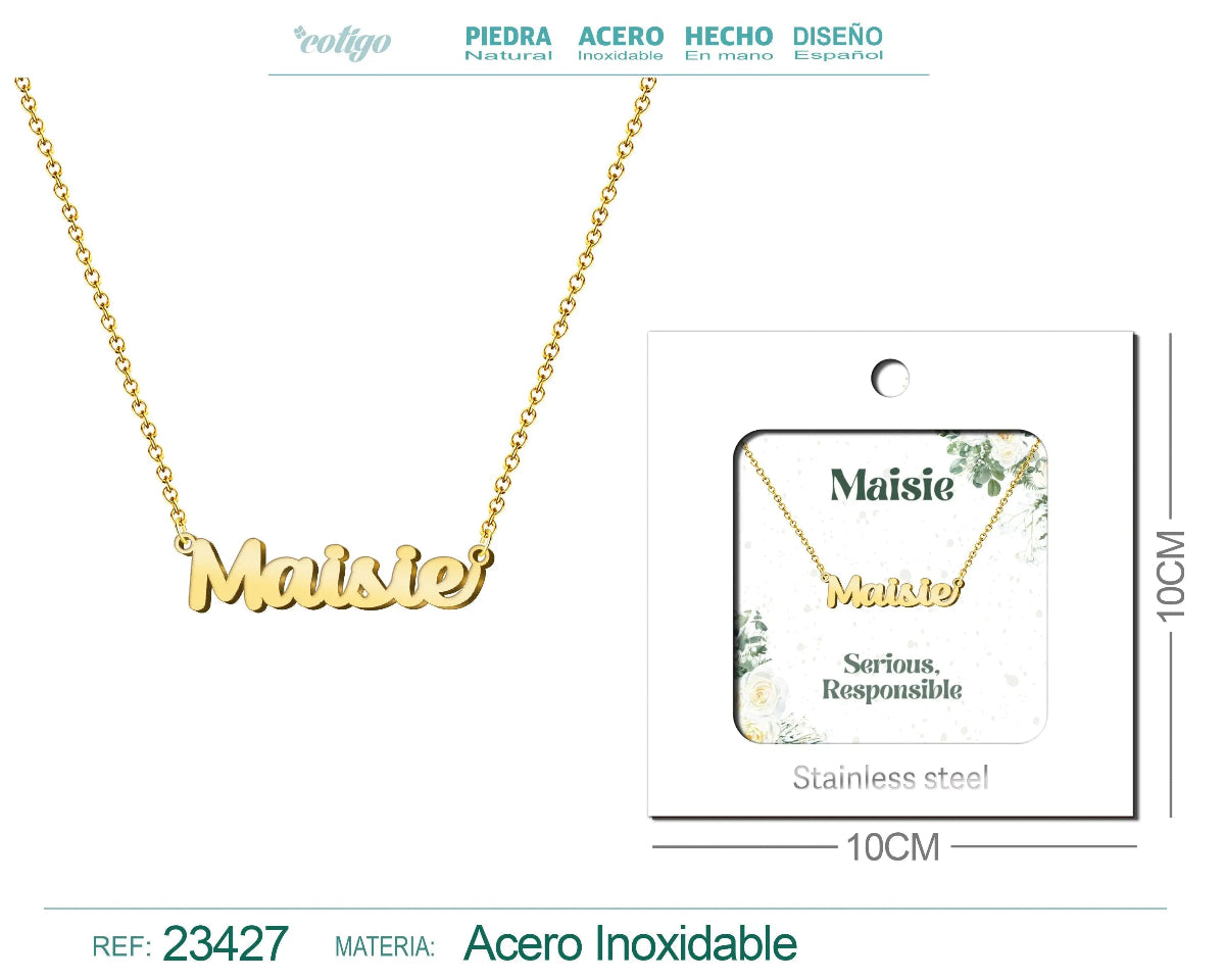 Collar dorado con nombre Maisie escrito en cursiva diseño dulce de inspiración británica y acabado brillante