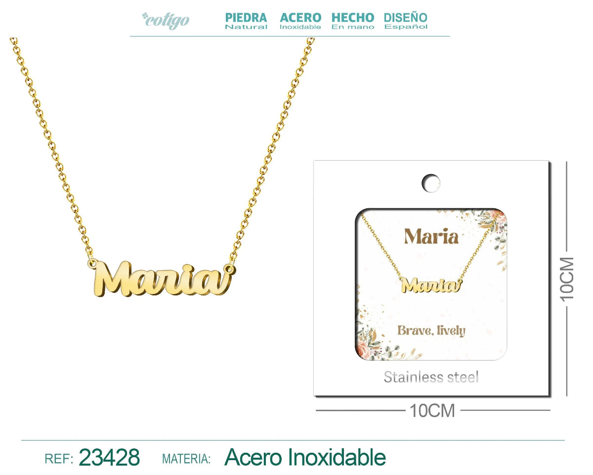 Collar dorado con nombre Maria escrito en cursiva diseño clásico universal y acabado brillante