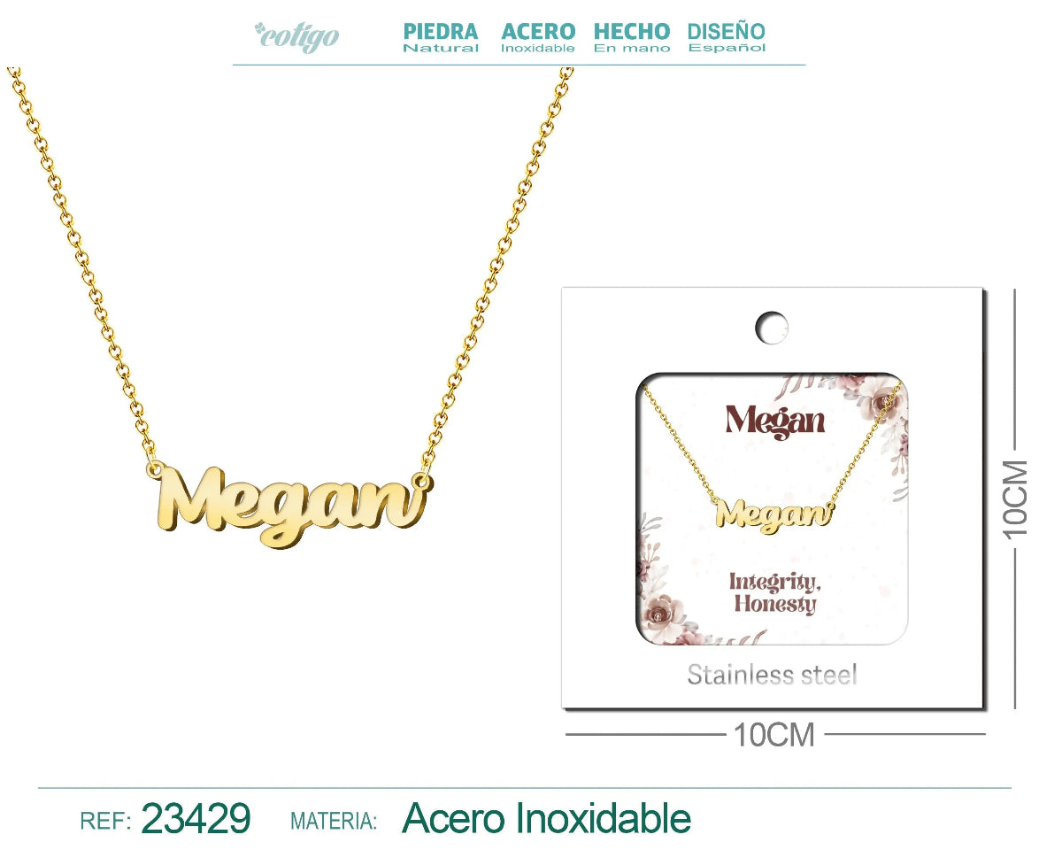 Collar dorado con nombre Megan escrito en cursiva diseño moderno de estilo anglosajón y acabado brillante