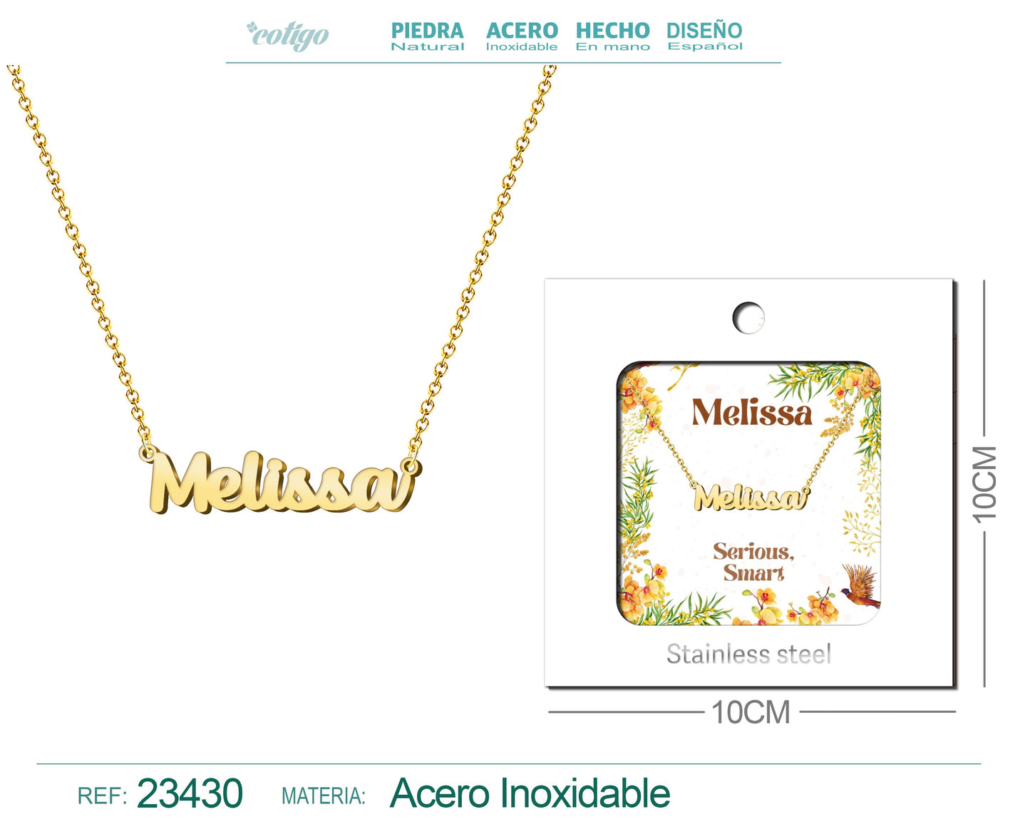 Collar Nombre Ingles Melissa Acero con Sobre