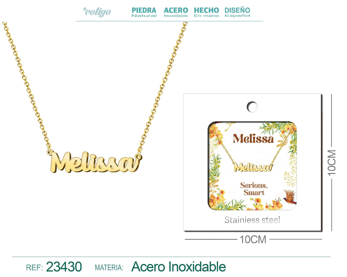 Collar dorado con nombre Melissa escrito en cursiva diseño sofisticado y acabado brillante en acero inoxidable
