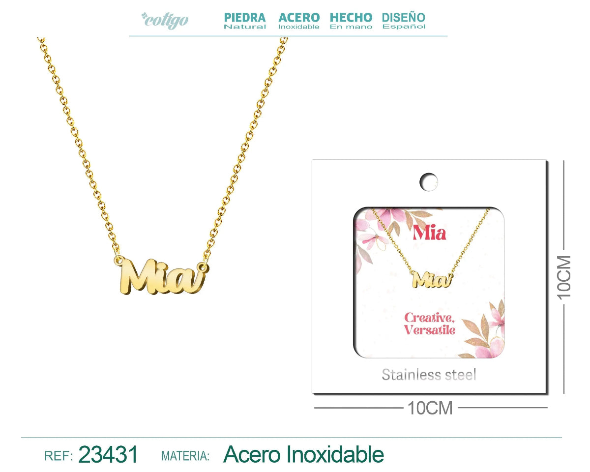 Collar dorado con nombre Mia escrito en cursiva diseño minimalista moderno y acabado brillante en acero inoxidable