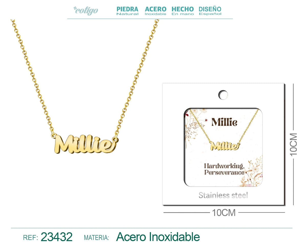 Collar dorado con nombre Millie escrito en cursiva diseño juvenil de estilo británico y acabado brillante en acero inoxidable