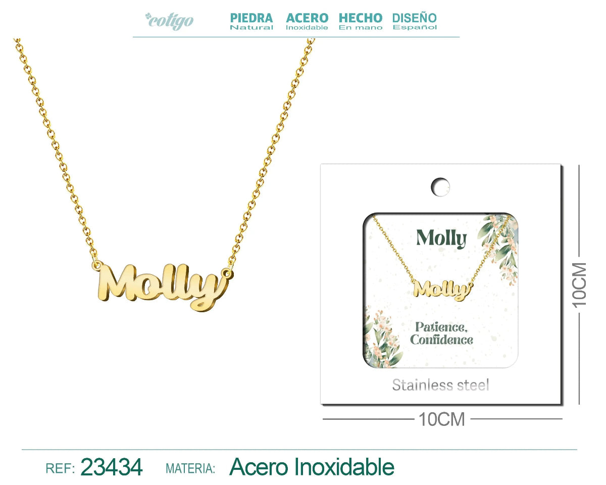 Collar dorado con nombre Molly escrito en cursiva diseño juvenil de tendencia internacional y acabado brillante en acero inoxidable