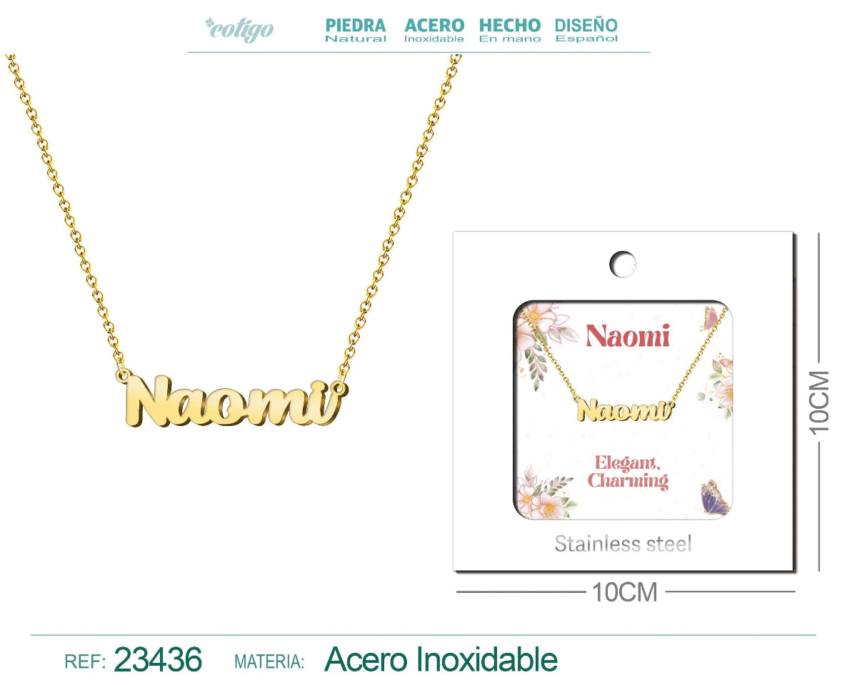 Collar dorado con nombre Naomi escrito en cursiva diseño elegante de estilo internacional y acabado brillante en acero inoxidable