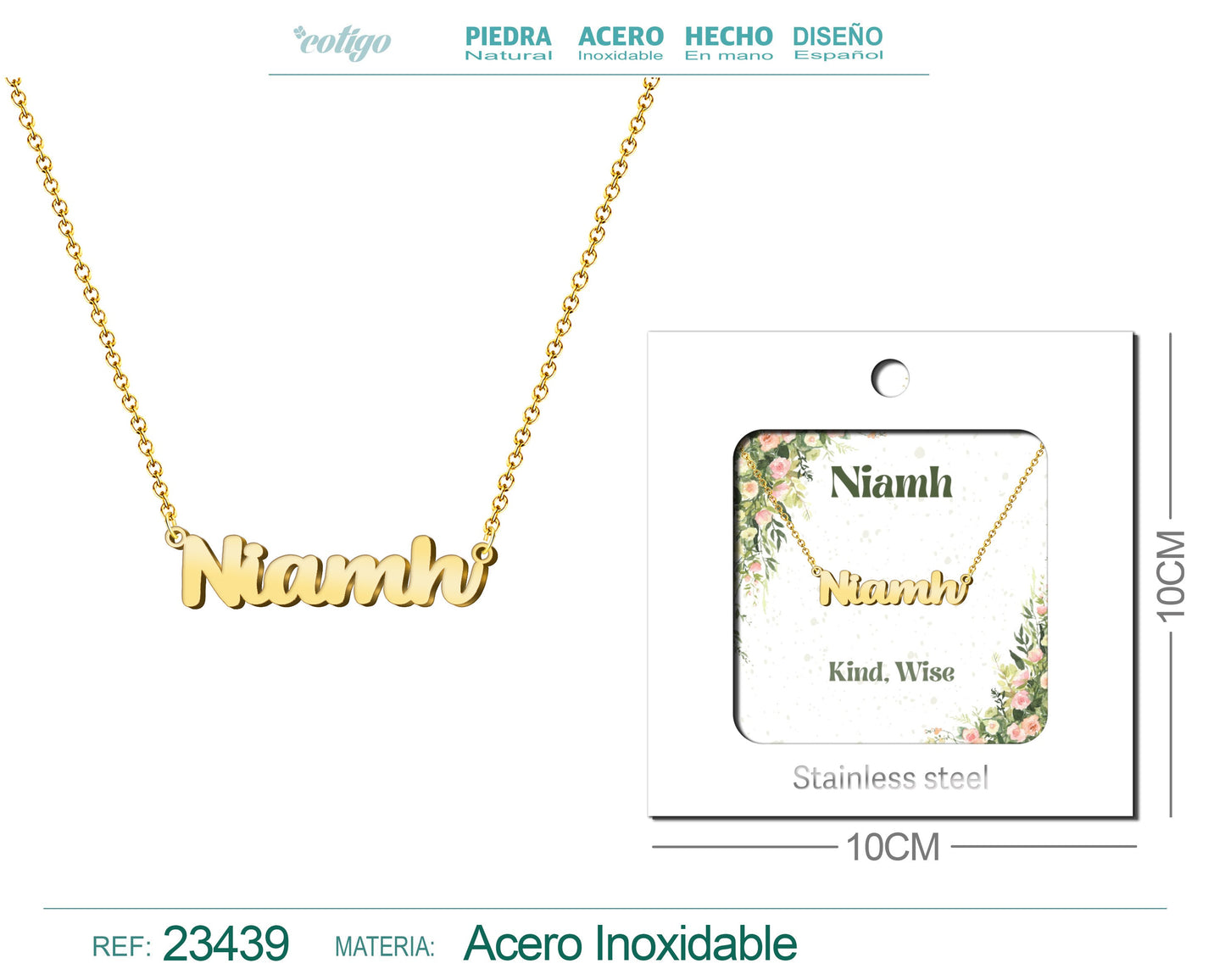 Collar Nombre Ingles Niamh Acero con Sobre