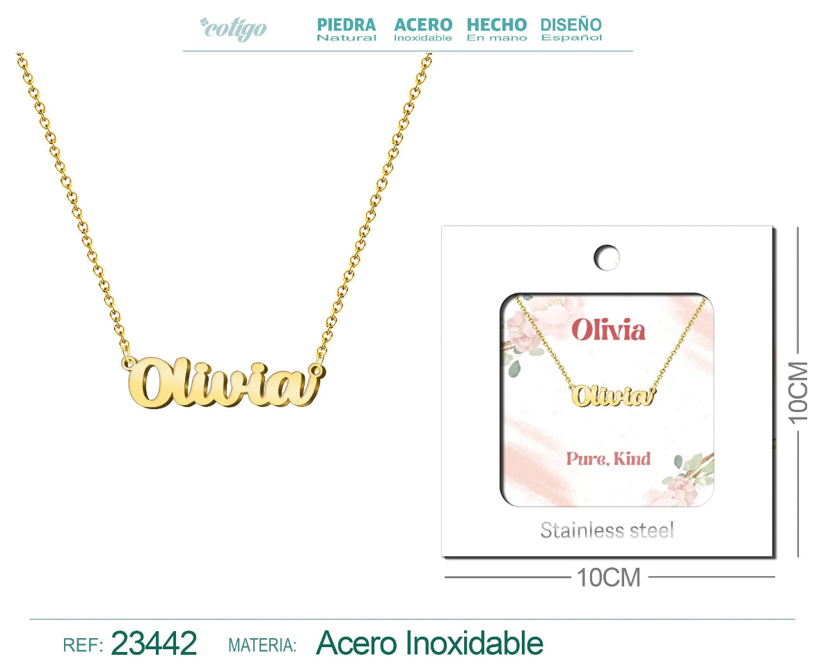 Collar dorado con nombre Olivia escrito en cursiva diseño elegante de tendencia internacional y acabado brillante en acero inoxidable