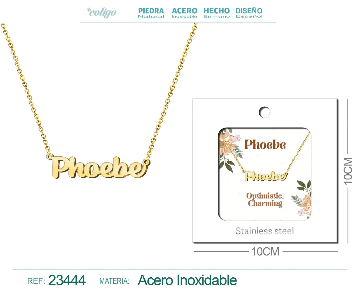 Collar dorado con nombre Phoebe escrito en cursiva diseño elegante de inspiración griega e internacional con acabado brillante