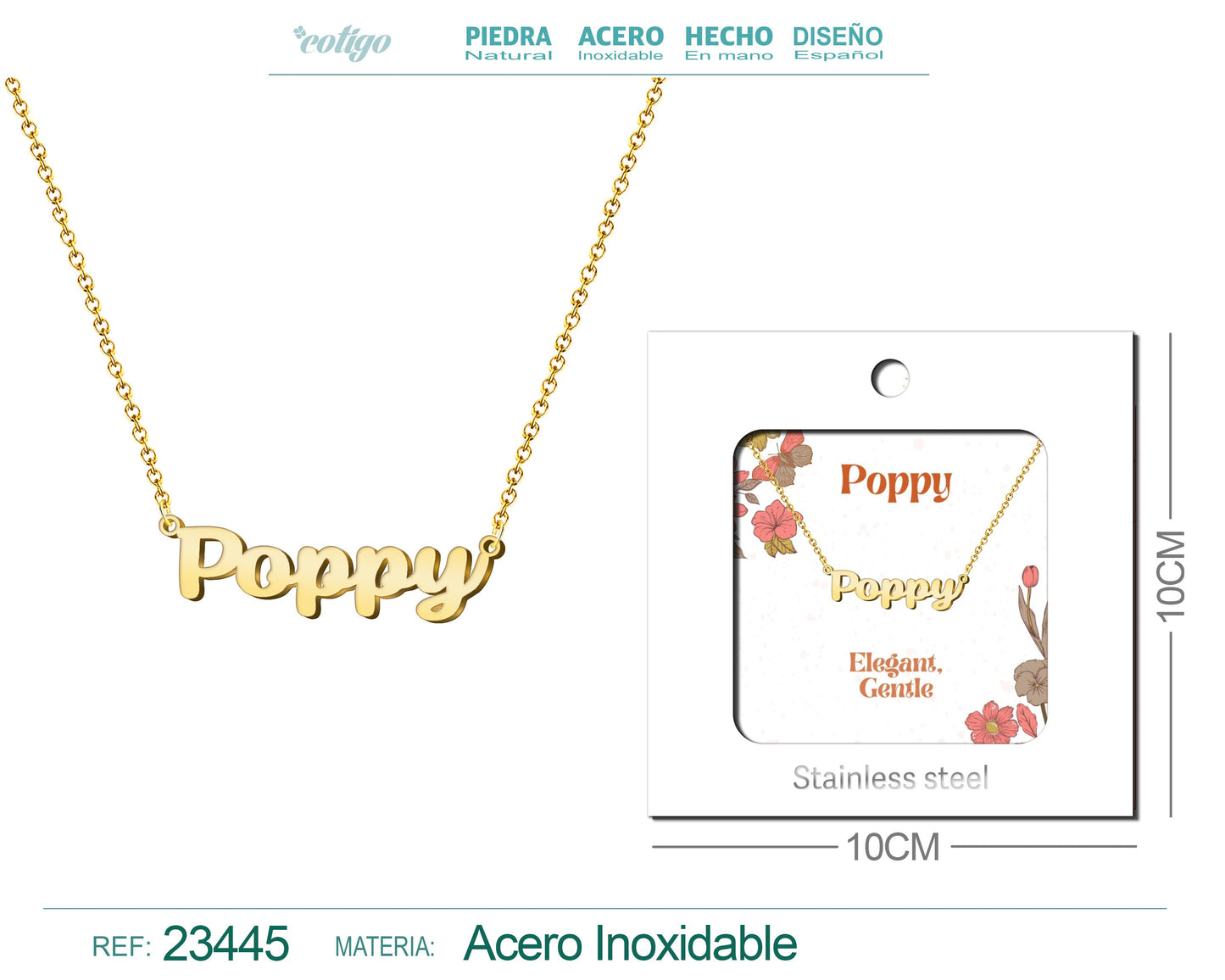 Collar Nombre Ingles Poppy Acero con Sobre