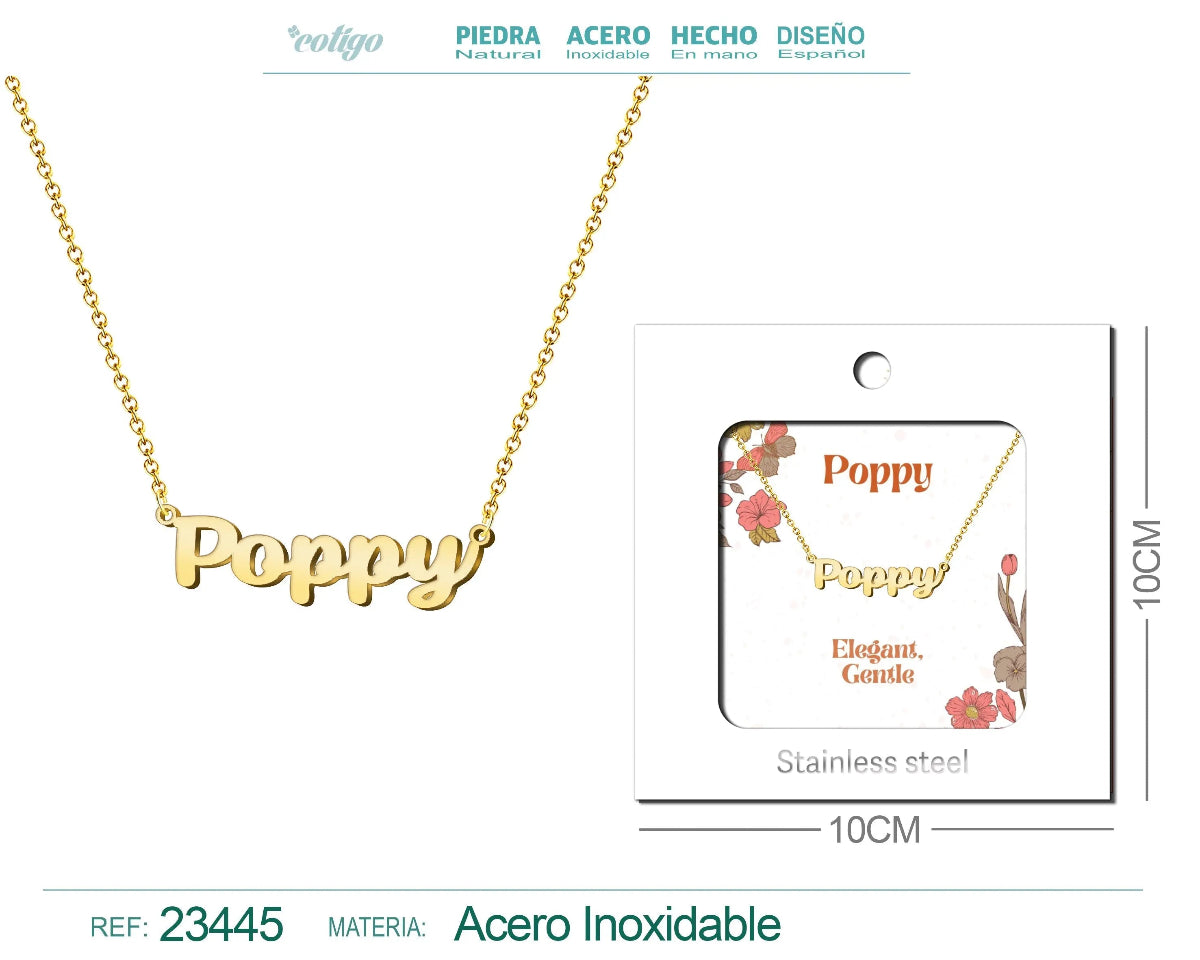 Collar dorado con nombre Poppy escrito en cursiva diseño floral y juvenil con acabado brillante en acero inoxidable