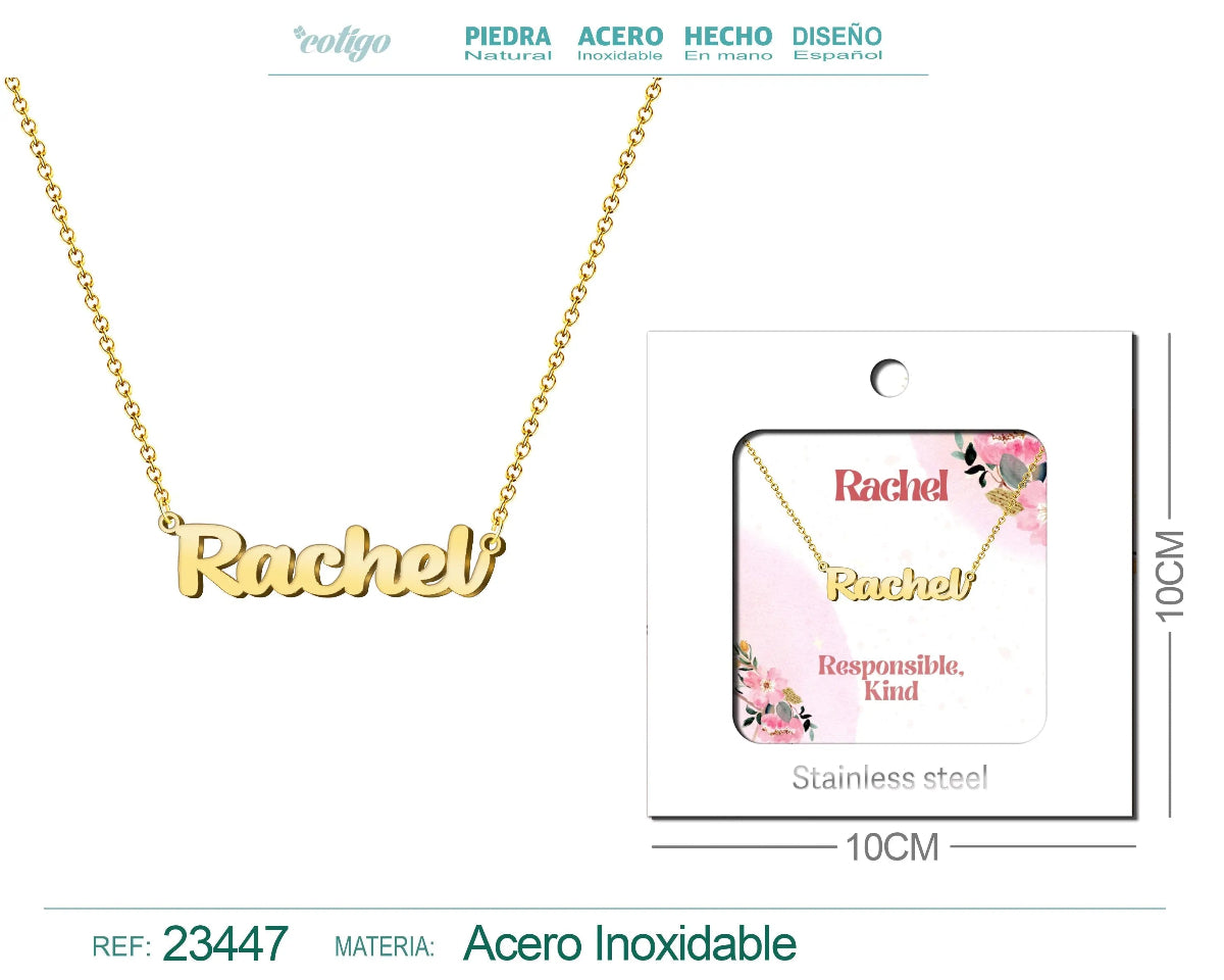 Collar dorado con nombre Rachel escrito en cursiva diseño minimalista y atemporal con acabado brillante en acero inoxidable