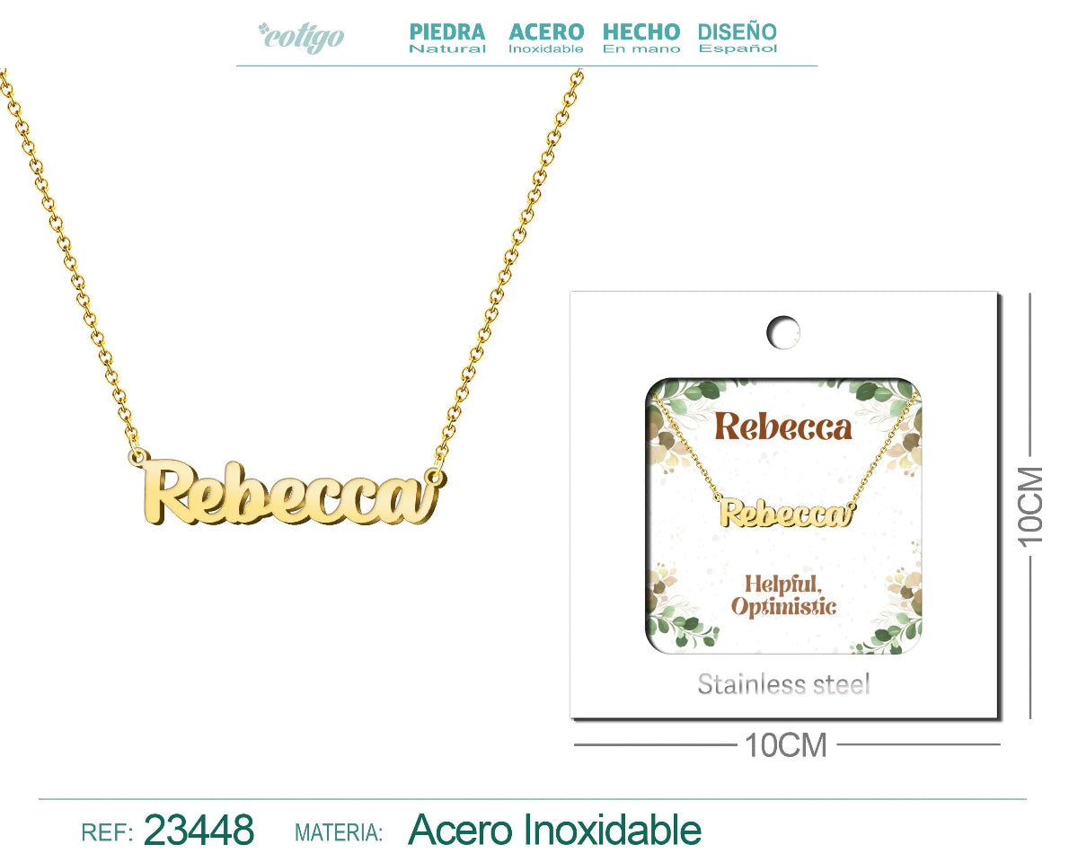 Collar dorado con nombre Rebecca escrito en cursiva diseño clásico y elegante con acabado brillante en acero inoxidable