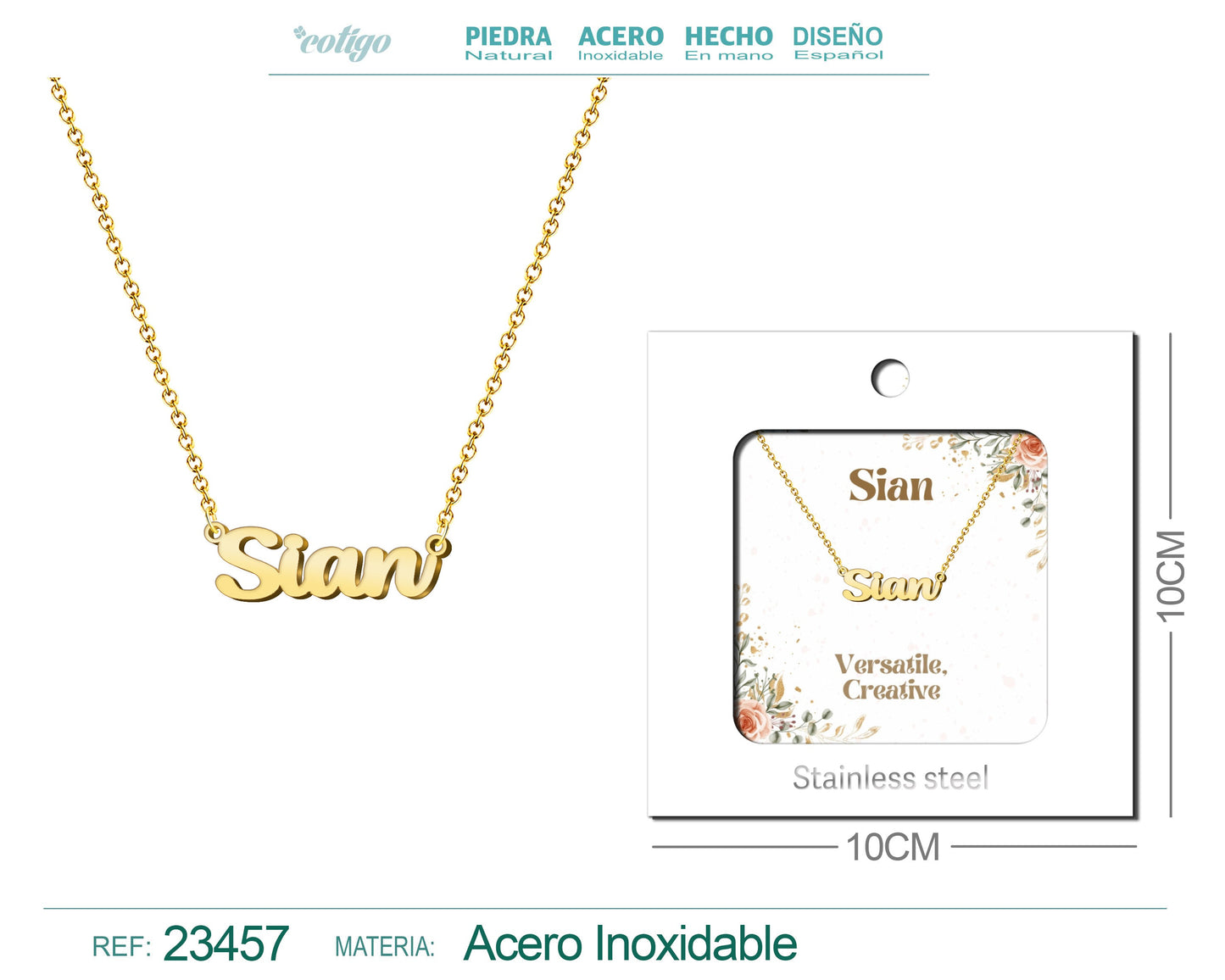 Collar Nombre Ingles Sian Acero con Sobre