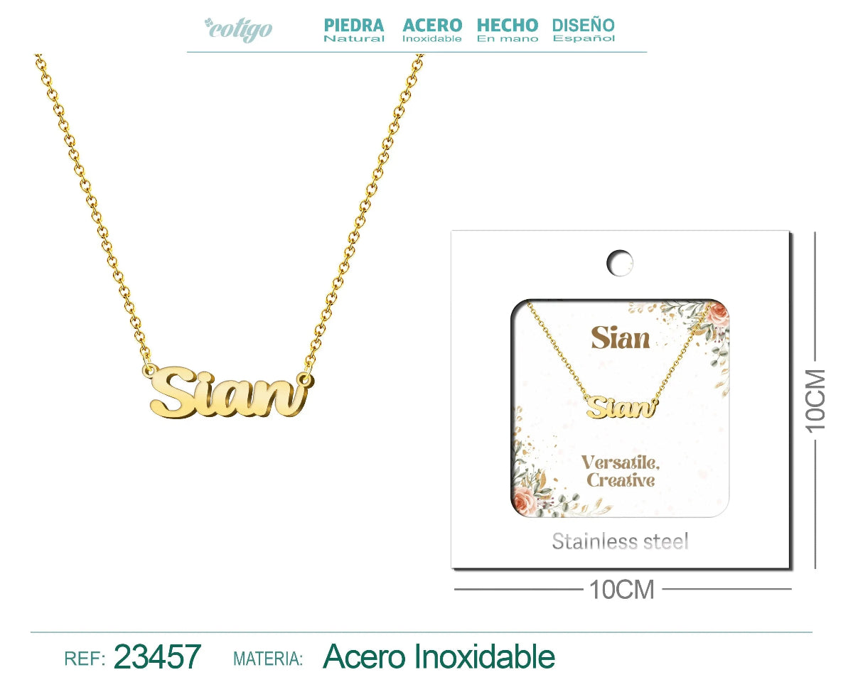 Collar dorado con nombre Sian escrito en cursiva diseño minimalista de inspiración galesa con acabado brillante en acero inoxidable
