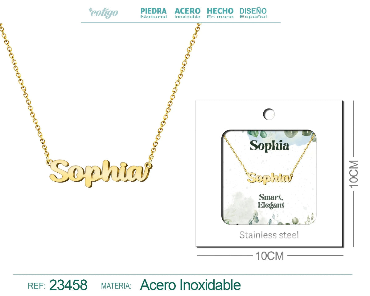 Collar dorado con nombre Sophia escrito en cursiva diseño clásico de lujo internacional con acabado brillante en acero inoxidable
