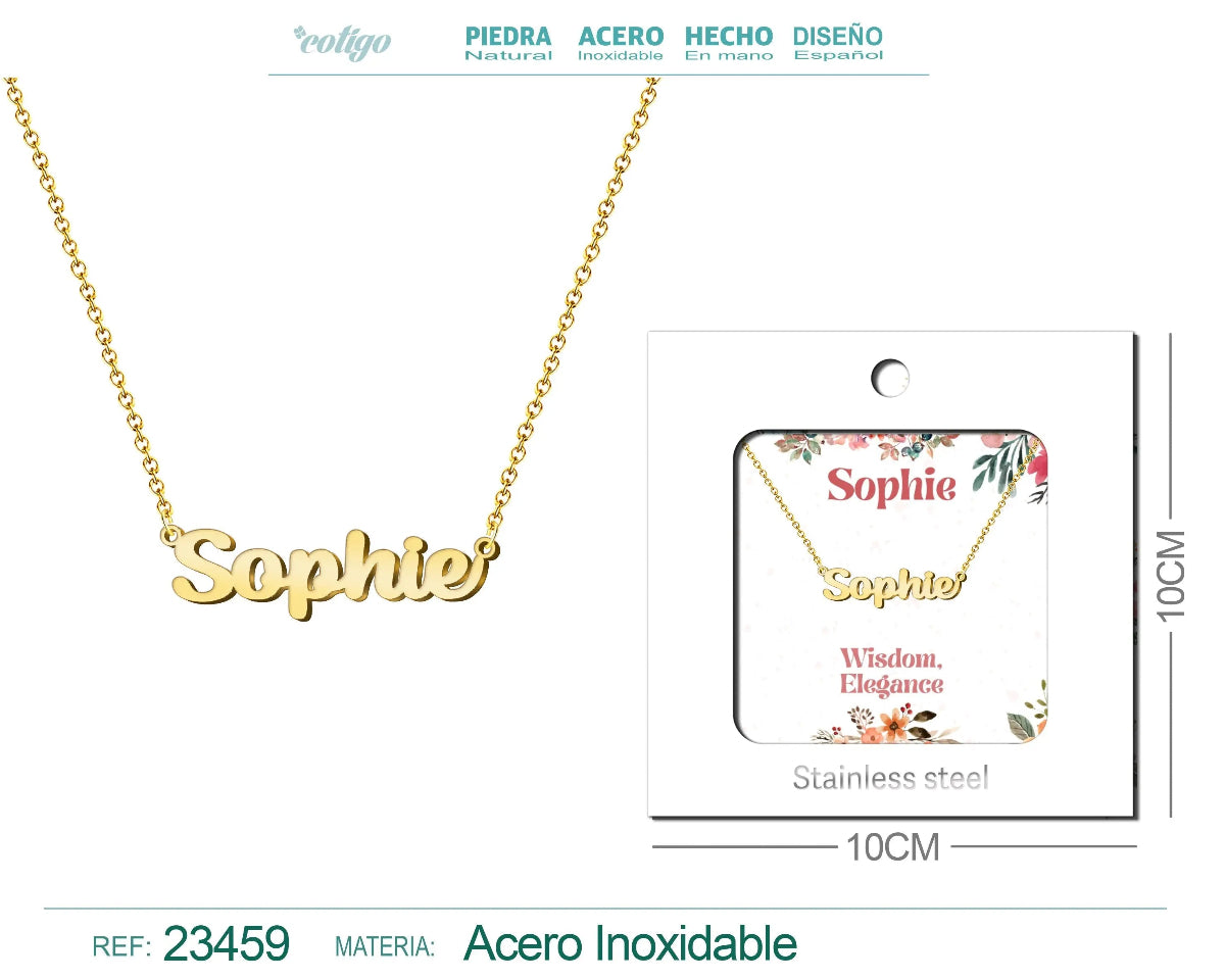 Collar dorado con nombre Sophie escrito en cursiva diseño moderno de tendencia internacional y acabado brillante en acero inoxidable