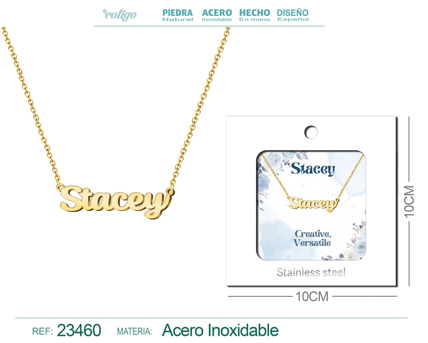 Collar Nombre Ingles Stacey Acero con Sobre