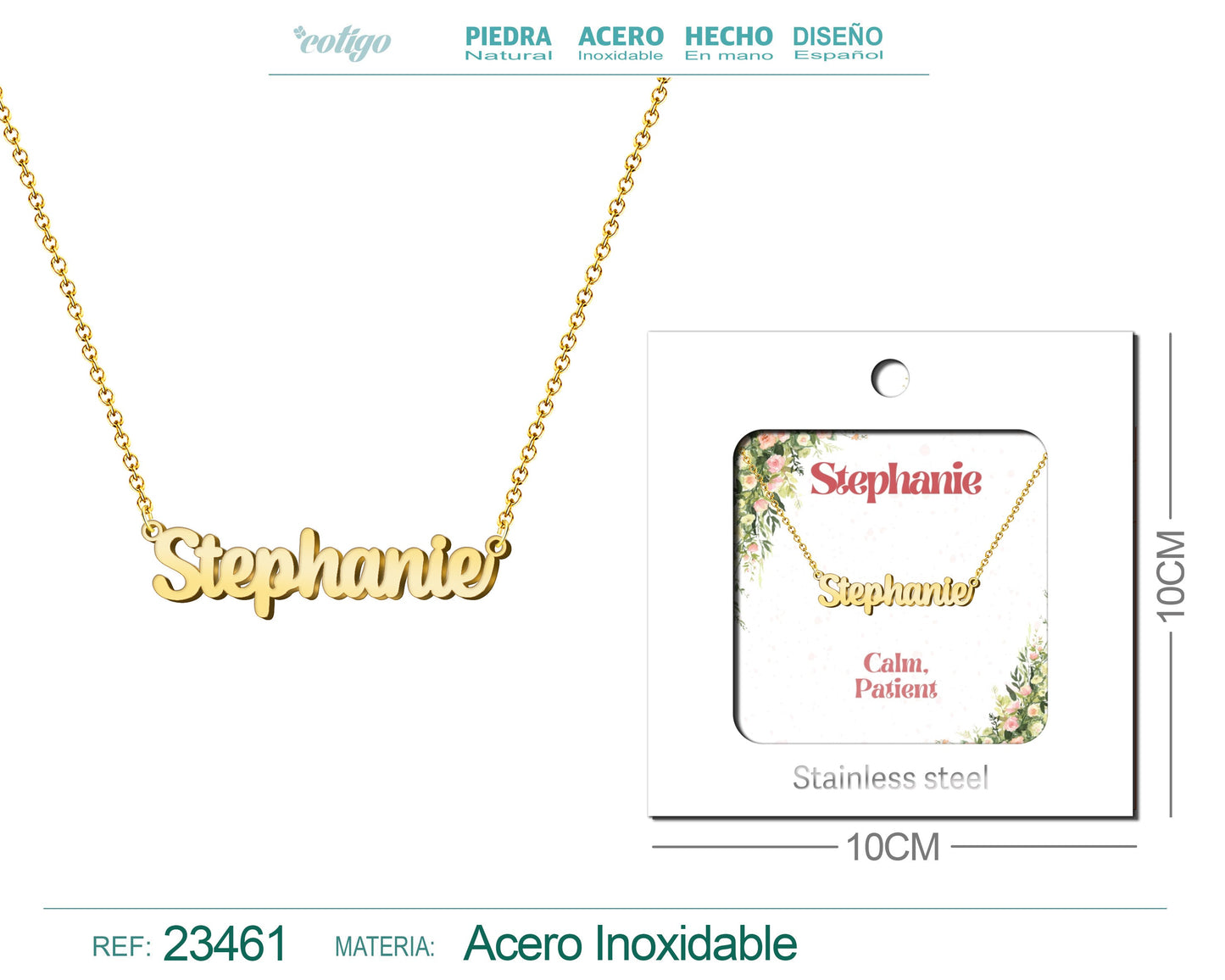 Collar Nombre Ingles Stephanie Acero con Sobre
