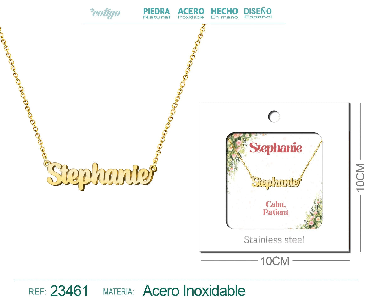 Collar dorado con nombre Stephanie escrito en cursiva diseño clásico y sofisticado con acabado brillante en acero inoxidable