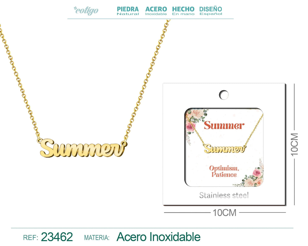 Collar dorado con nombre Summer escrito en cursiva diseño fresco de tendencia internacional y acabado brillante en acero inoxidable