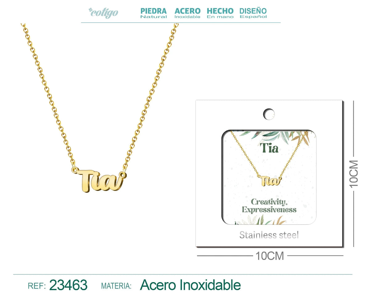 Collar dorado con nombre Tia escrito en cursiva diseño minimalista y moderno con acabado brillante en acero inoxidable