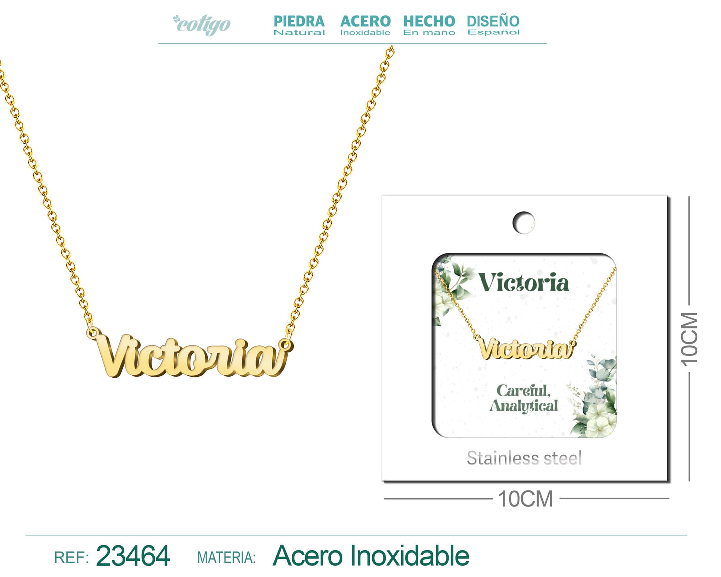 Collar Nombre Ingles Victoria Acero con Sobre