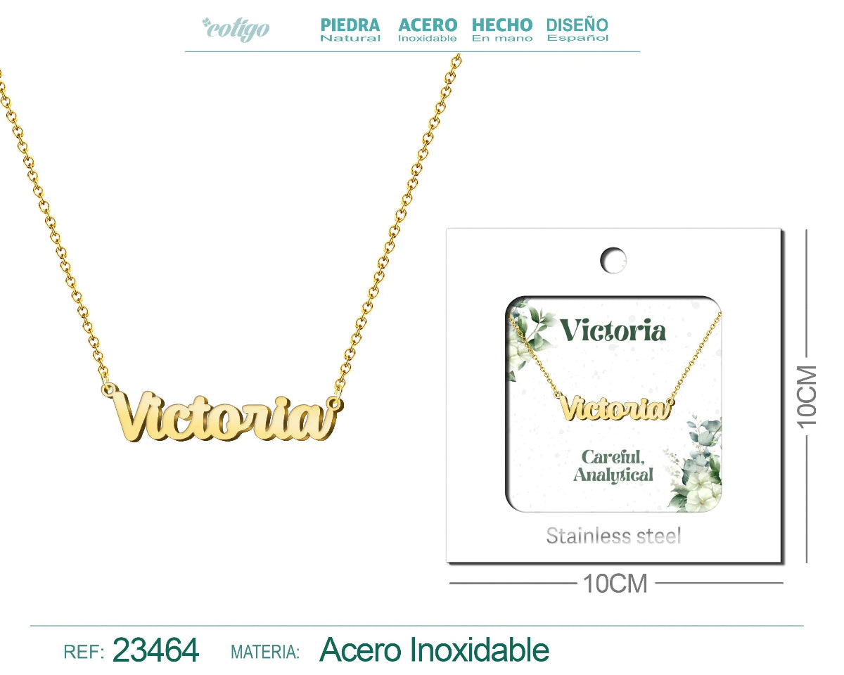 Collar dorado con nombre Victoria escrito en cursiva diseño clásico de lujo y acabado brillante en acero inoxidable