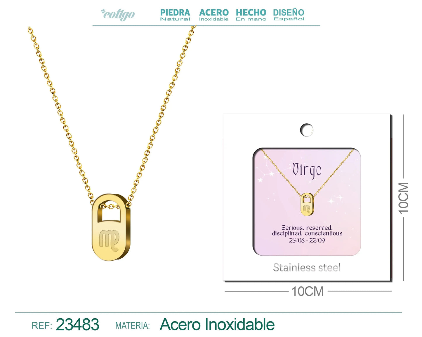 Collar Zodiaco Ingles Virgo Acero con Sobre - cotigo