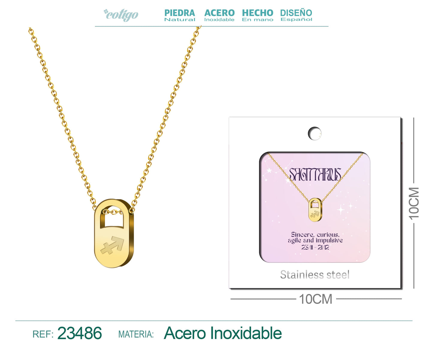 Collar Zodiaco Ingles Sagittarius Acero con Sobre
