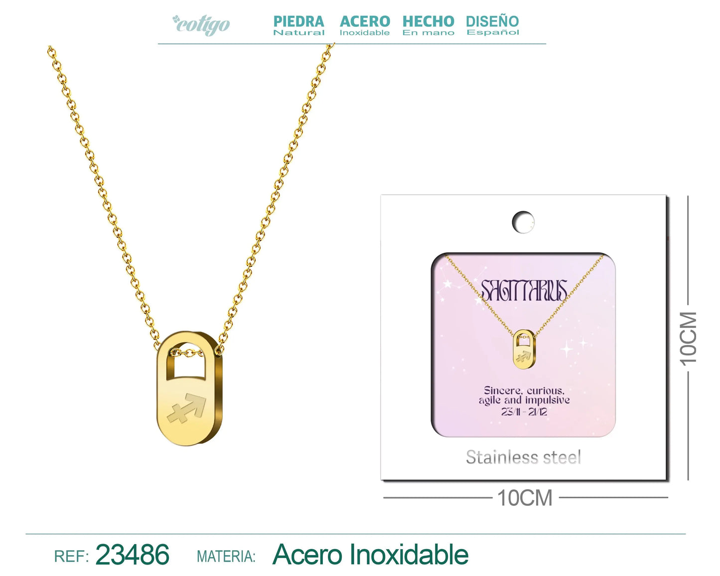 Collar Zodiaco Ingles Sagittarius Acero con Sobre - cotigo