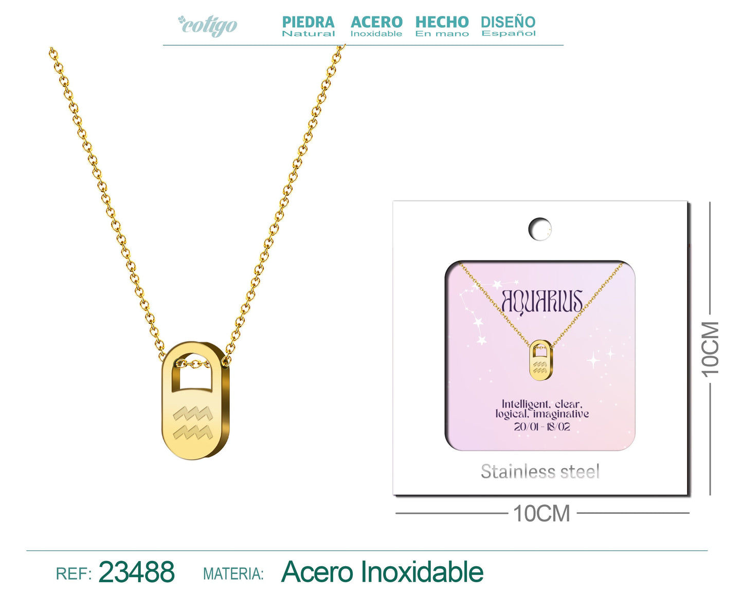 Collar Zodiaco Ingles Aquarius Acero con Sobre