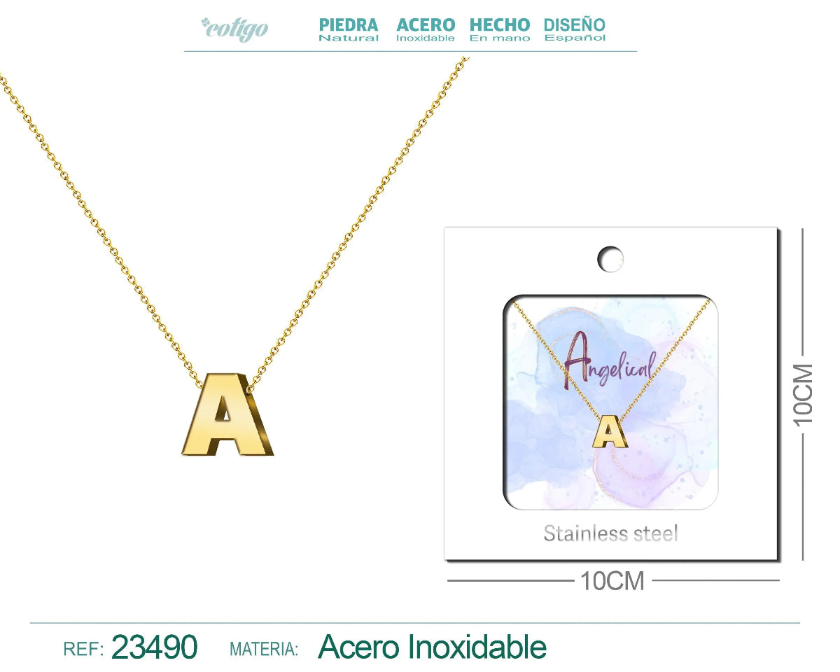 Collar dorado con colgante letra A de acero inoxidable en tarjeta de regalo