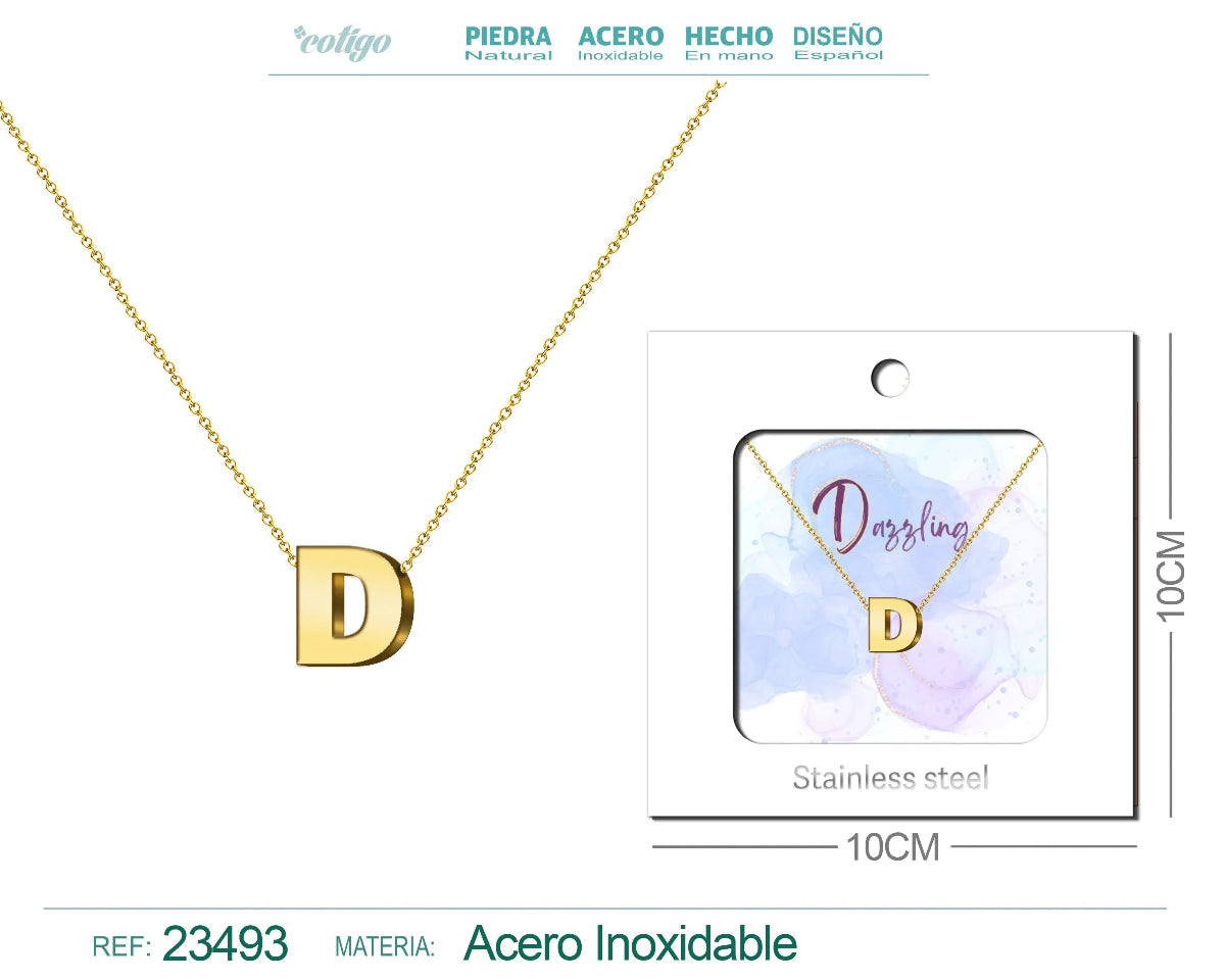 Collar dorado con colgante letra D de acero inoxidable en tarjeta de regalo