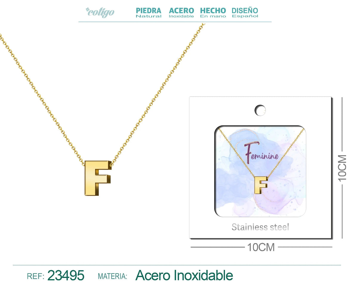 Collar dorado con colgante letra F de acero inoxidable en tarjeta de regalo