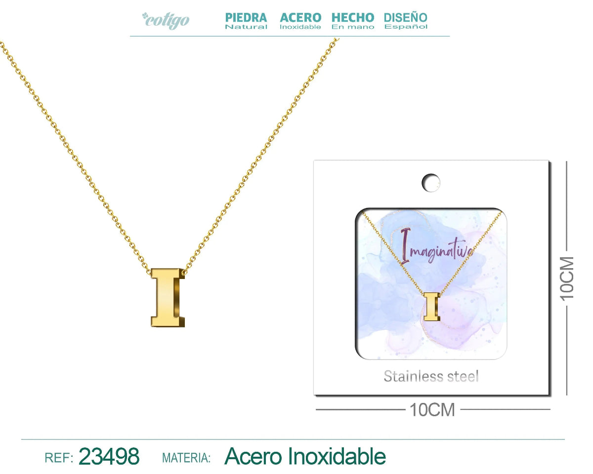 Collar dorado con colgante letra I de acero inoxidable en tarjeta de regalo