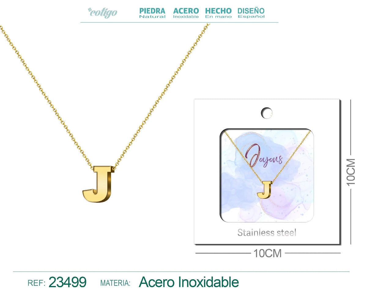 Collar dorado con colgante letra J de acero inoxidable en tarjeta de regalo