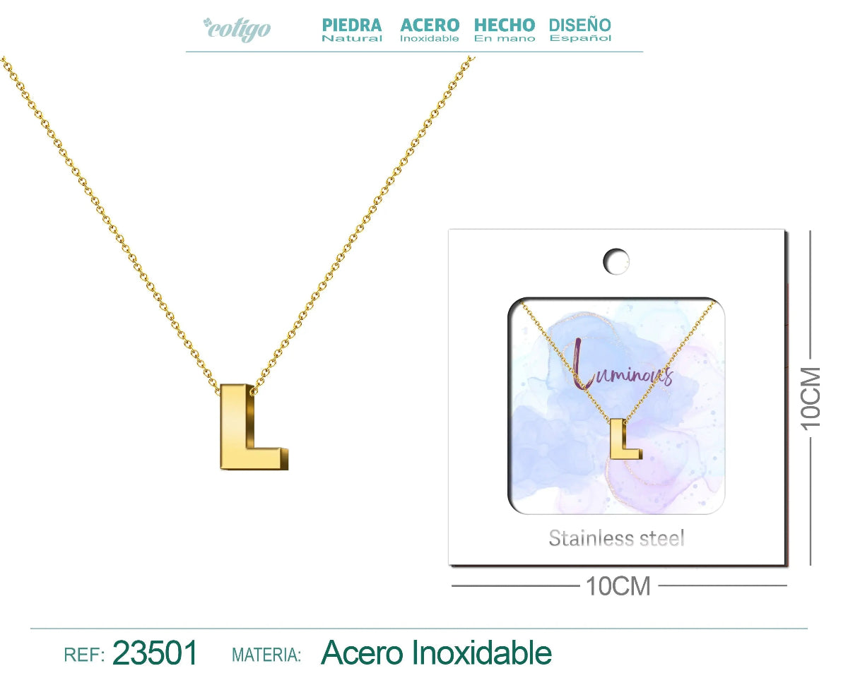 Collar dorado con colgante letra L de acero inoxidable en tarjeta de regalo