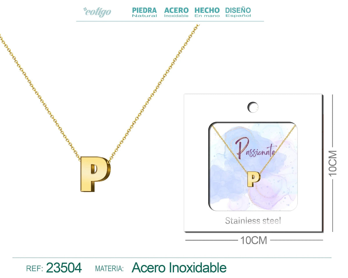 Collar dorado con colgante letra P de acero inoxidable en tarjeta de regalo