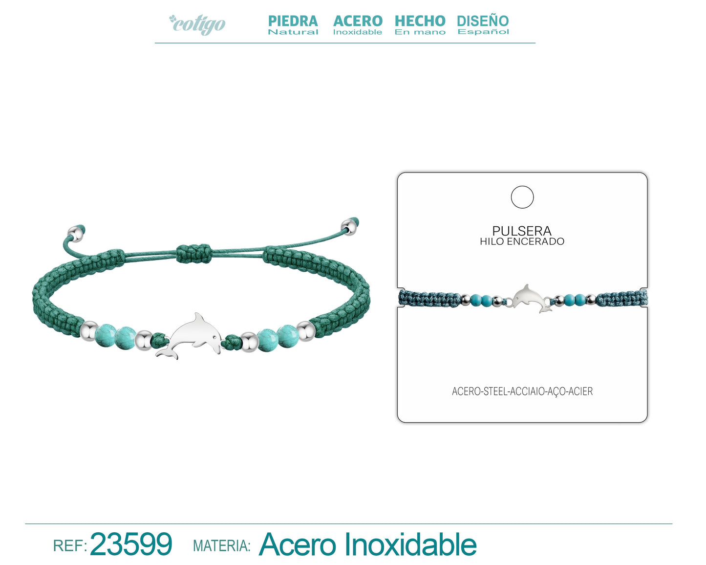 Pulsera Hilo Encerado Azul Cian con Colgante de Delfin