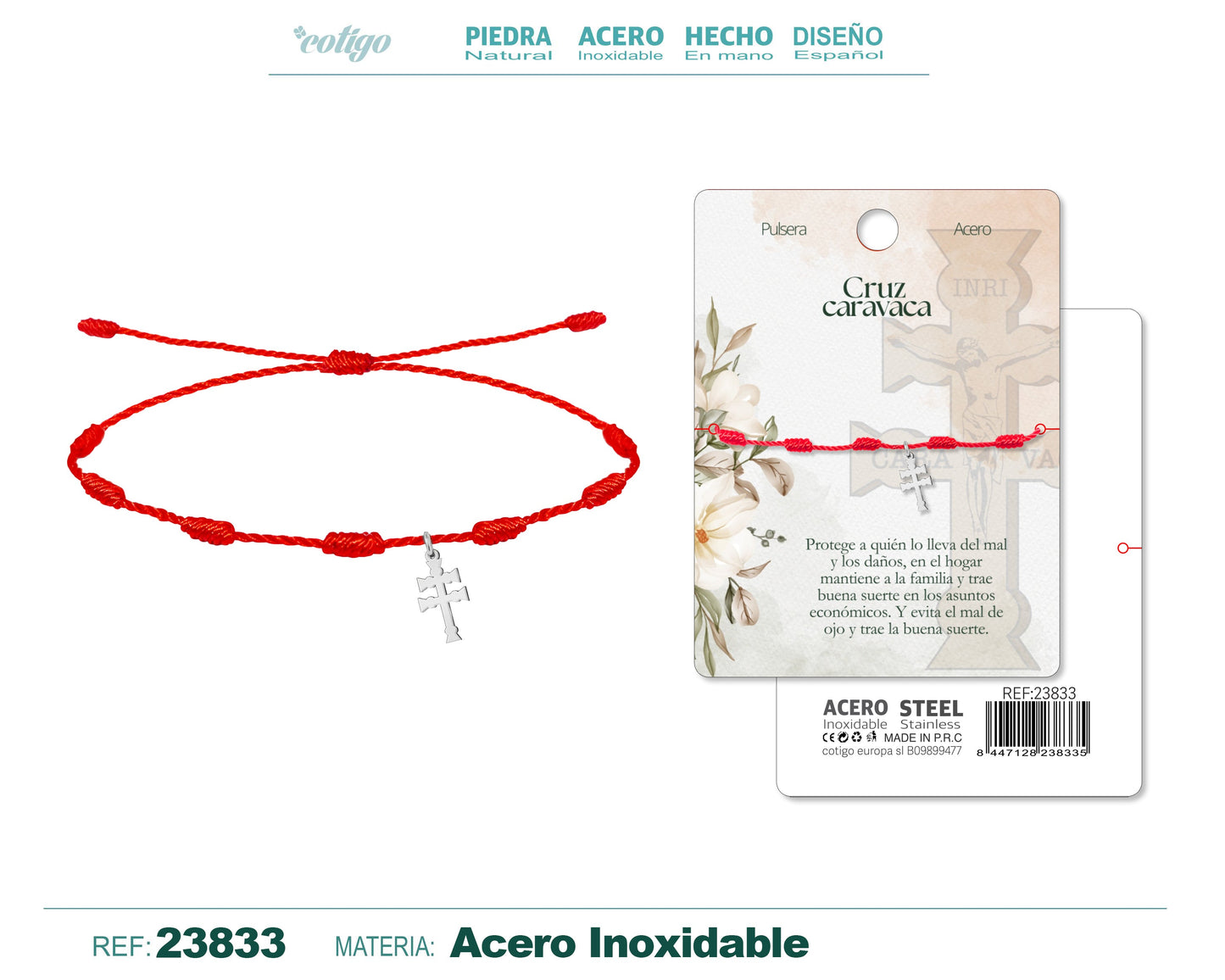Pulsera 7 nudos con Cruz Caravaca Acero Color Plateado