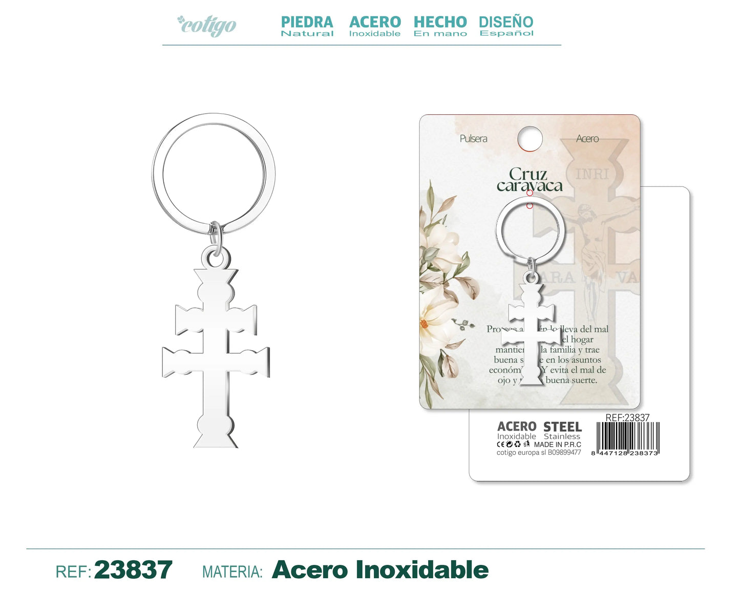 Llavero Cruz Caravaca Acero color Plateado - cotigo